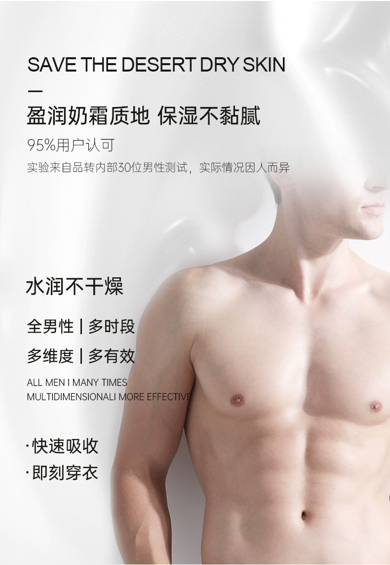 盈潤奶霜質(zhì)地，保濕不粘膩，獲得95%用戶(hù)認可，實(shí)驗來(lái)自品轉內部30位男性測試，實(shí)際情況因人而異